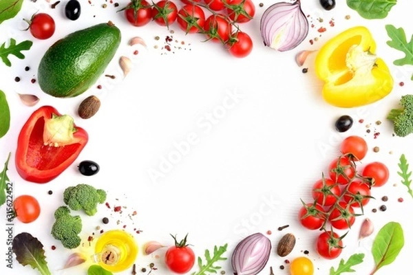 Obraz Organic fresh vegetables frame on white background. Healthy food or diet concept. Flat lay, top view, copispace.