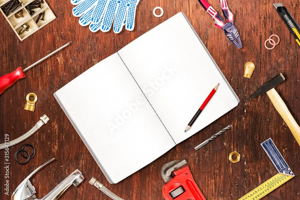 Obraz Work tools on desk top view