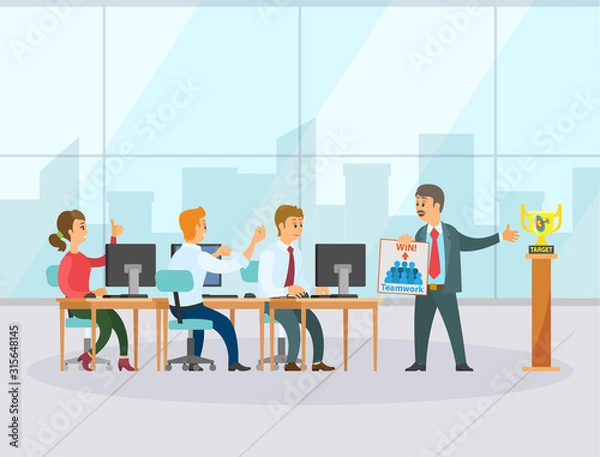 Fototapeta Colleagues creative leadership strategy, teamwork target. Man and woman employees working with computer, manager standing near award, winner vector
