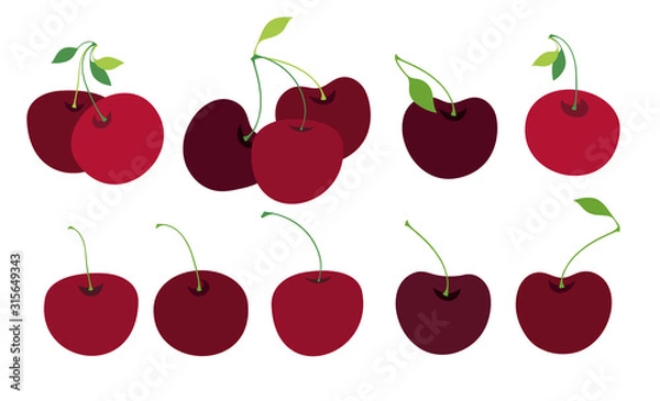 Fototapeta Set of cherries with leaves. Three cherry group, two cherry group and one cherry.