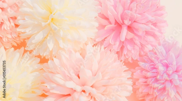 Obraz Beautiful abstract color purple and pink flowers on yellow background and white flower frame and pink leaves texture, white background, colorful colorful banner happy valentine