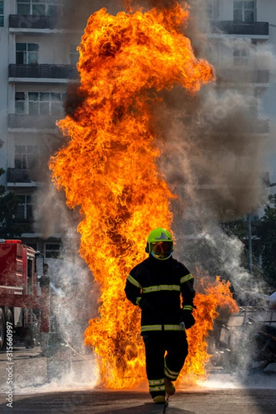 Obraz The Firefighters demonstrating fire fighting.