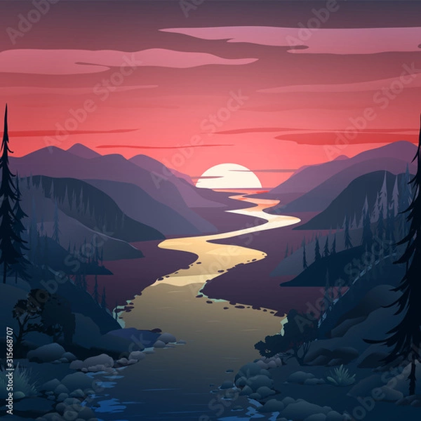 Fototapeta Background with landscape. The river flows from afar, mountains and spruce forest. Background with dawn,