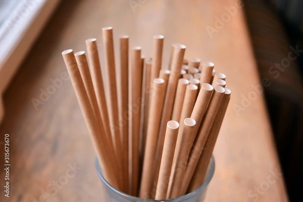 Fototapeta Eco friendly Reusable Straws in the cardboard cup with selective focus and blurred ba. Paper cocktail tubes. Kraft paper straw for drinking coffee or tea. Disposable cocktail tube. 