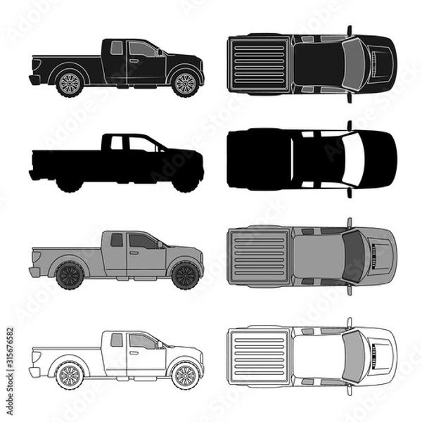 Obraz car top view sketch contour shape and side pickup , for parking scheme or architecture presentation , actual proportion size. Black isolated on white vector, popular brand Ford F-150, common model