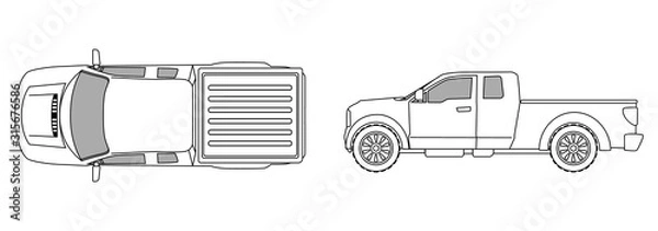 Obraz car top view sketch contour shape and side pickup , for parking scheme or architecture presentation , actual proportion size. Black isolated on white vector, popular brand Ford F-150, common model