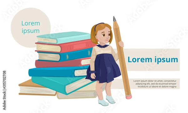 Fototapeta Student girl stands near a pile of books, holds a large pencil, banner design. Vector illustration