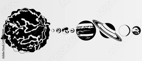 Fototapeta Black and white images of the solar system, all the planets. Sun, earth, Mars, Uranus, mercury, etc.