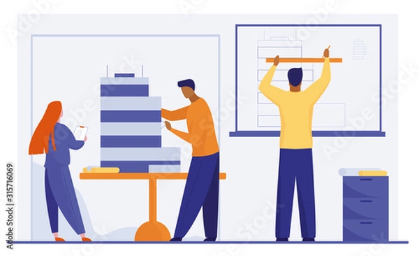 Obraz Architects working on building model. People developing blueprint and maquette flat vector illustration. Architecture, drafting, construction concept for banner, website design or landing web page