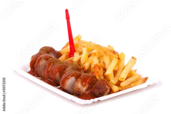 Fototapeta Currywurst mit Pommes