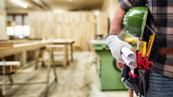 Fototapeta Close-up. Carpenter with his hands protected by gloves holds the helmet and the project. Construction industry, carpentry workshop.
