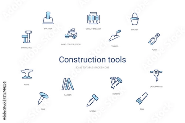 Fototapeta construction tools concept 14 colorful outline icons. 2 color blue stroke icons