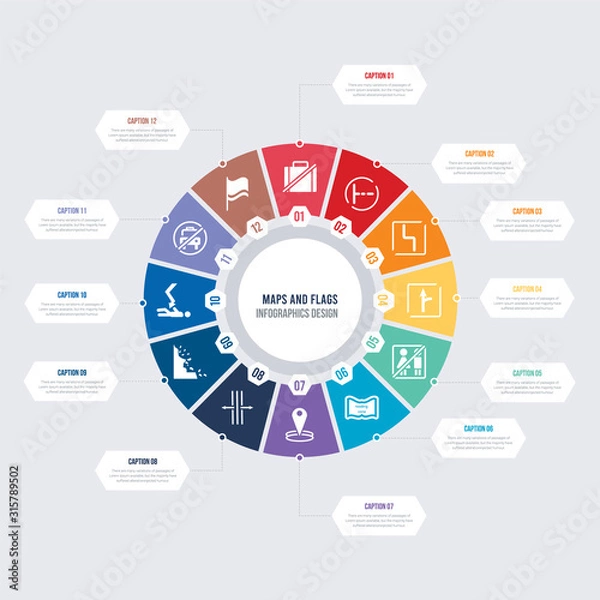 Fototapeta round 12 options maps and flags infographic template design. plain flag, taxi stop, electrocution risk, rock landslide safety, spacing, mark vector icons