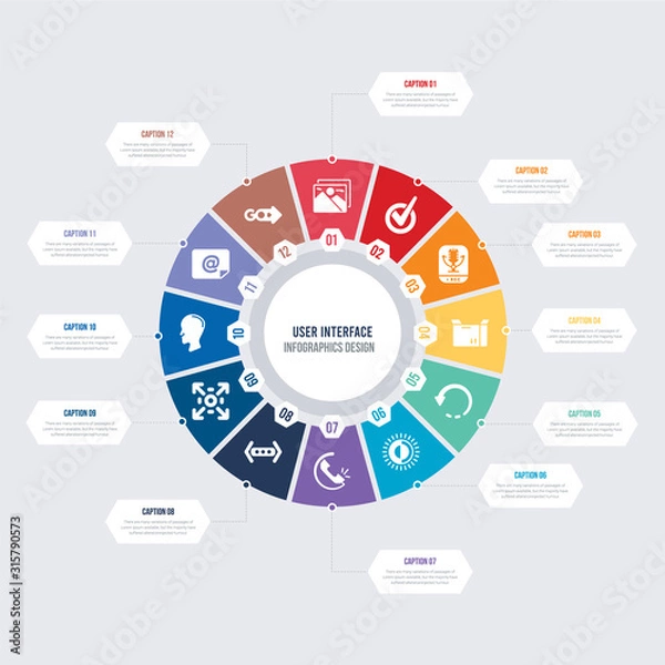 Fototapeta round 12 options user interface infographic template design. go, at, head, full screen, more, telephone call vector icons