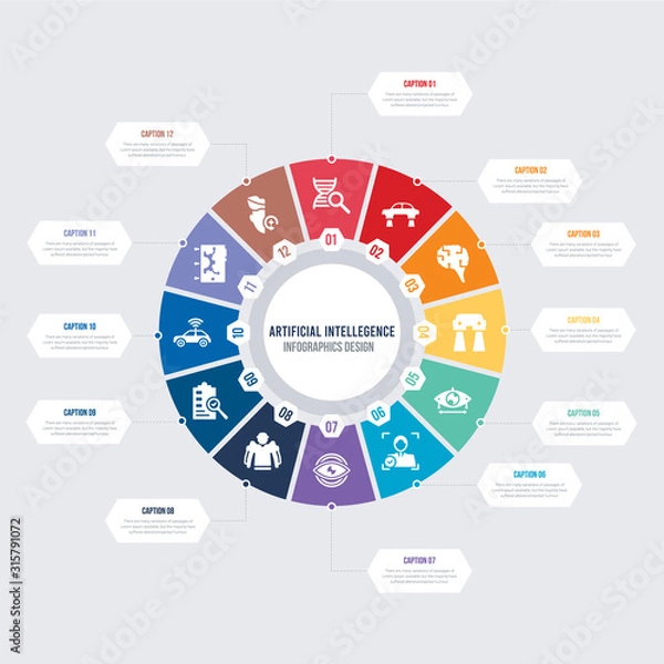 Fototapeta round 12 options artificial intellegence infographic template design. deformity, difference engine, driverless autonomous car, evaluation, exoskeleton, eye tracking vector icons