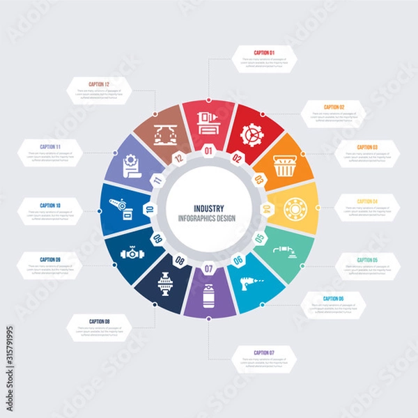 Fototapeta round 12 options industry infographic template design. product, task, welding, valve, press, oxygen vector icons