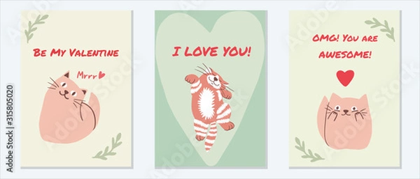 Fototapeta Set of hand drawn Valentine's day greeting cards with lettering and cute different Cats characters. I love you, be my valentine concept, 14 febrary, you are awesome. Vector postcard collection