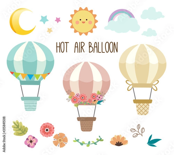Fototapeta The collection of cute hot air balloon set. The pack of hot air balloon have the hot air balloon and flower set and element of sky like the moon, star , sun,rainbow on the white background.