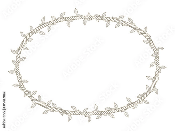 Fototapeta Vector ellipse rope frame overgrown with plant with thorns and leaves. White background