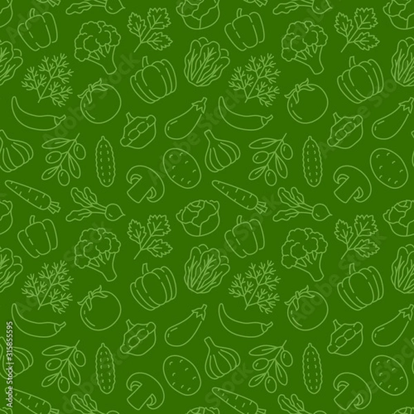 Obraz Food background, vegetables seamless pattern. Healthy eating - tomato, garlic, carrot, pepper, broccoli, cucumber line icons. Vegetarian, farm grocery store vector illustration, green color