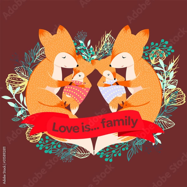 Fototapeta Vector illustration Love is a family. Mom, dad and little foxes are sleeping on the grass. Lying in the shape of a heart. Ideal for greeting cards, wallpaper, gift paper, web, textile, backgrounds.