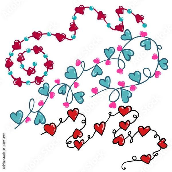 Fototapeta Vector illustration of chains of garlands of hearts. Elements are suitable for decoration for Valentine's Day. Ideal for paper, gift and textile products