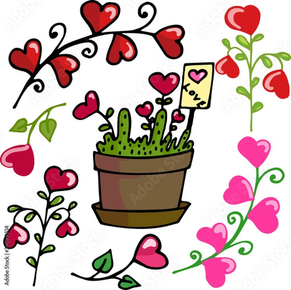 Fototapeta Vector illustration of twigs with hearts, flower pot with love. Elements for Valentine's Day. Ideal for paper, gift, textile products.