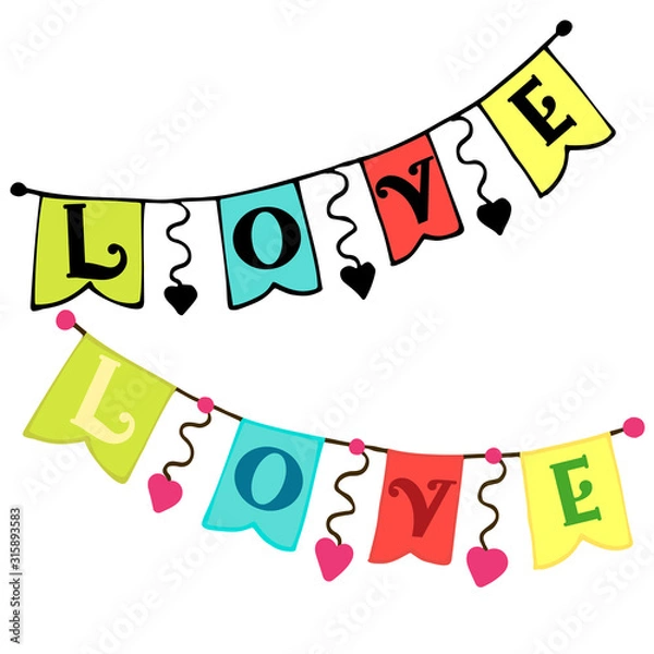Fototapeta Vector illustration of a banner in the form of flags with the inscription love. Elements for Valentine's Day. Ideal for paper, gifts, textiles.