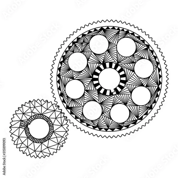 Obraz dwa biegi w stylu zenart, czarno-biały rysunek, zentangle, doodle, wzory, mechanika