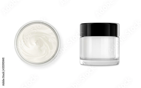 Fototapeta Cosmetic pot with body, face cream. Realistic packaging mockup template with black cap. Isolated on white.	Jar made of glass.