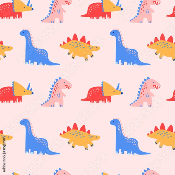 Fototapeta Dino Seamless Pattern, Cute Cartoon Dinosaurs Doodles Vector Illustration for prints and posters, invitation and greeting cards