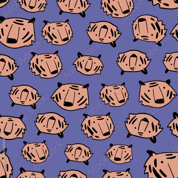 Fototapeta Cute tigers hand drawn color vector seamless pattern. Tiger characters cartoon texture. Web, wrapping paper, textile, background fill