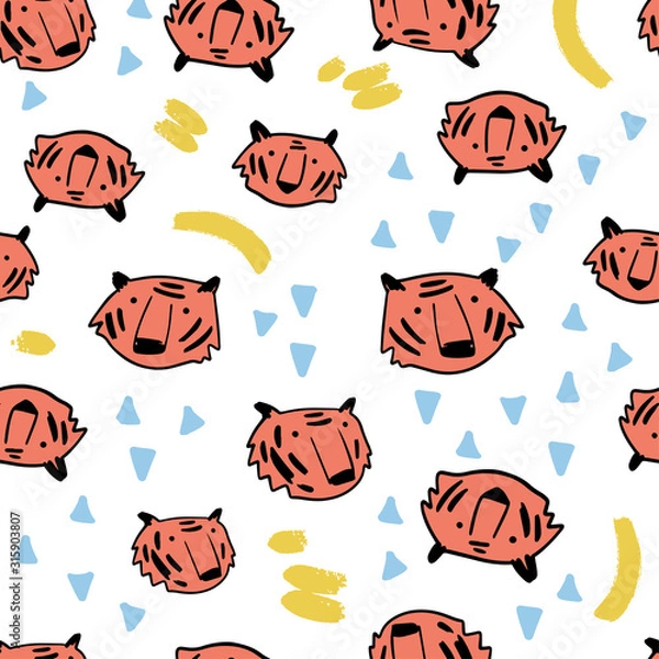 Fototapeta Cute tigers hand drawn color vector seamless pattern. Tiger characters cartoon texture. Web, wrapping paper, textile, background fill
