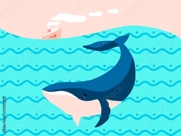 Fototapeta Card template with huge white whale swimming under the small steamboat. Flat style vector illustration.