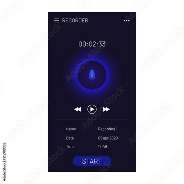 Fototapeta Recorder concept design for mobile interface app. Ui digital sound record