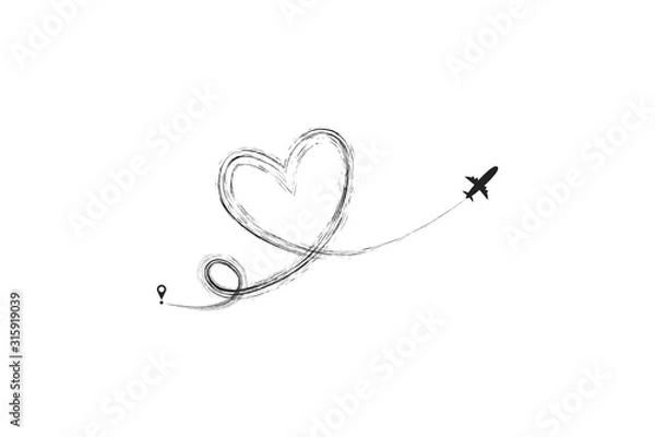 Fototapeta Plane and its track in the shape of a heart on white background. Vector illustration. Aircraft flight path and its route