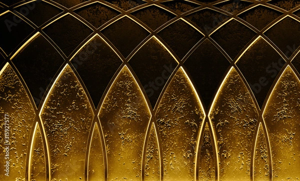 Fototapeta Abstract elegant art deco geometric ornamented dark gold textured glowing background. Trendy roaring 20's backdrop texture.