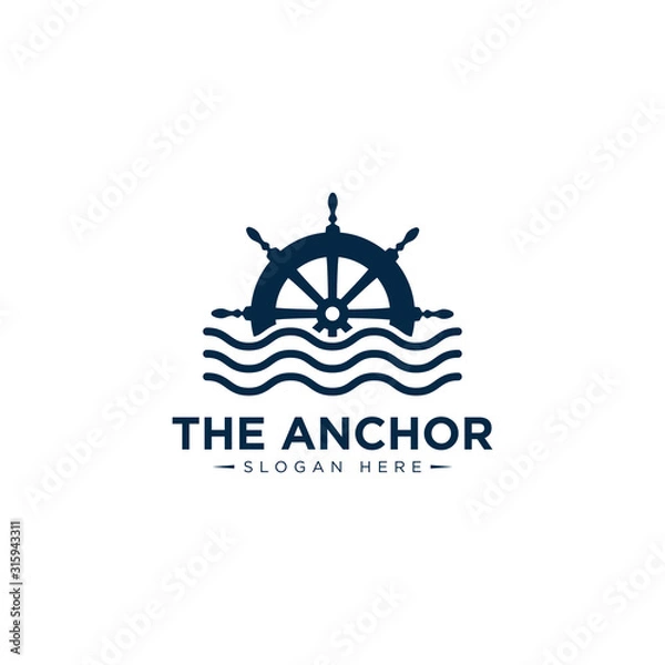 Fototapeta marine retro emblems logo with anchor rope and ship wheel, anchor logo - vector