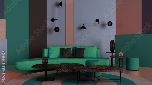 Obraz Colorful living room, lounge with teal sofa, coffee table and decors, plaster colored panels, round carpet, wall lamps, background with copy space, expo interior design concept idea