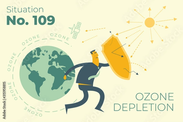 Obraz Ecological illustration. Ozone depletion. Ozone hole. Man with a shield covers planet from influence of sun. Environmental pollution. Global warming, CO2. Environmental problem. ECO activist. Green.