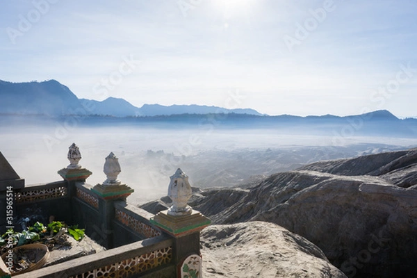 Obraz Hindhu pura or sanggah on the crater of Bromo.Mount Bromo is an active volcano and one of the most visited tourist attractions in East Java, Indonesia.