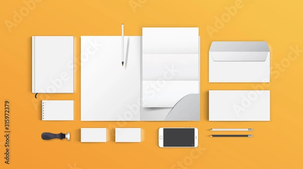 Fototapeta Corporate identity branding design. Stationery mockup vector full set. Template folder and letter, visiting card and envelope. Empty objects on orange bright background for presentation company style.