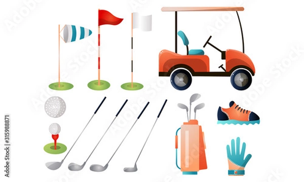 Fototapeta Set of golf equipment and attributes for the game. Vector illustration in flat cartoon style.