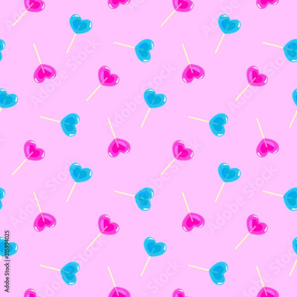 Fototapeta Valentines day pattern with heart shape sweet lollipop sticks