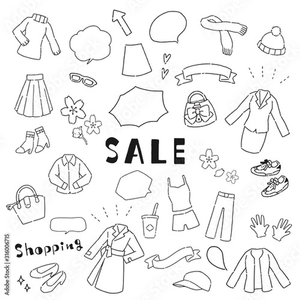 Obraz 手書き　女性の服やカバンのイラスト素材のセット