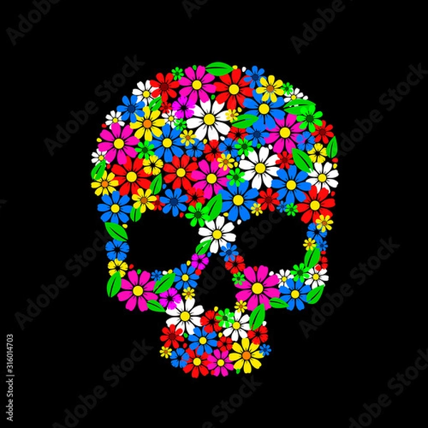 Obraz Painting skull flowers isolated on black, color symbol.