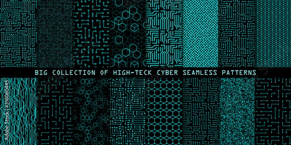 Obraz Zestaw bez szwu wzorów cyber. Tekstura płytki drukowanej. Kolekcja cyfrowych tła wektorów stylu high tech