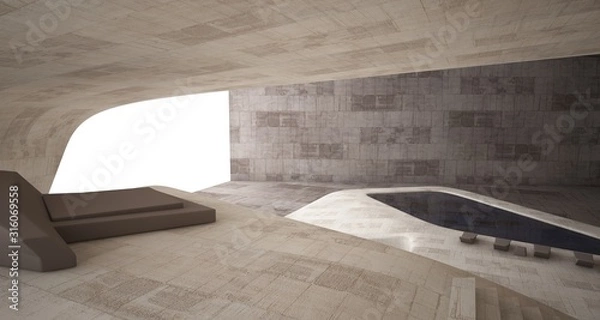 Fototapeta Abstract architectural concrete interior of a minimalist house. 3D illustration and rendering.