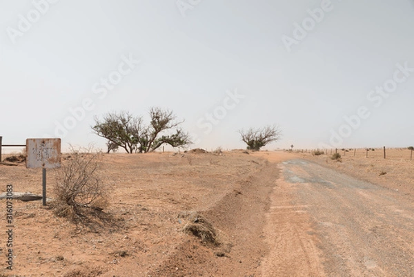 Obraz Sand storm in remote Australian agricultural farm field. Climate change or global warming concept for drought as a natural disaster.