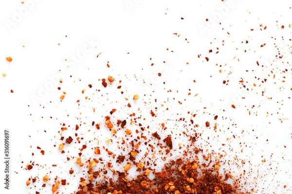 Obraz Crushed red cayenne pepper, dried chili flakes isolated on white background, Top view.